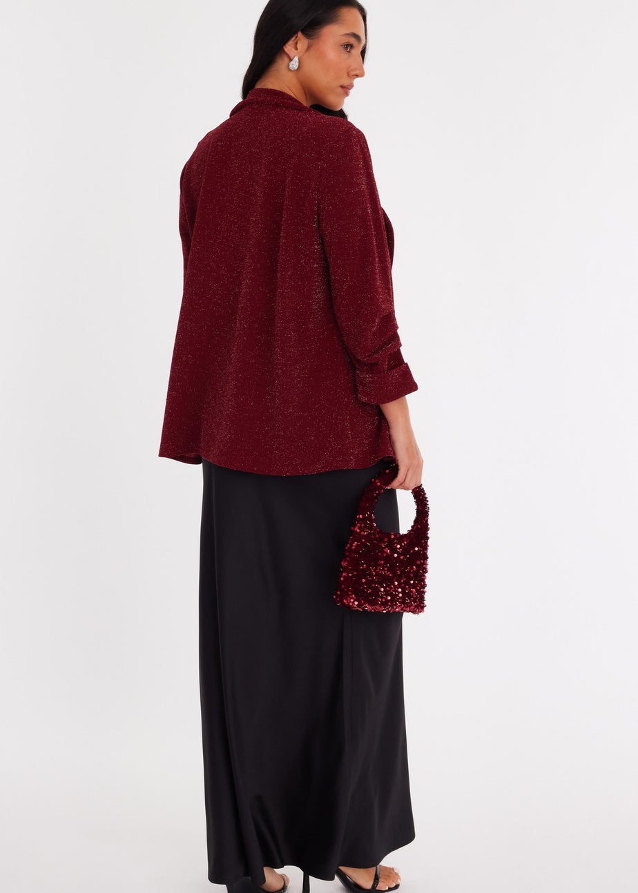 Quiz Burgundy Glitter Ruched Sleeve Blazer
