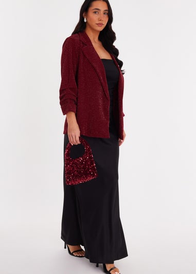 Quiz Burgundy Glitter Ruched Sleeve Blazer