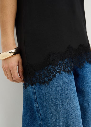 Black Asymmetric Lace Trim T-Shirt