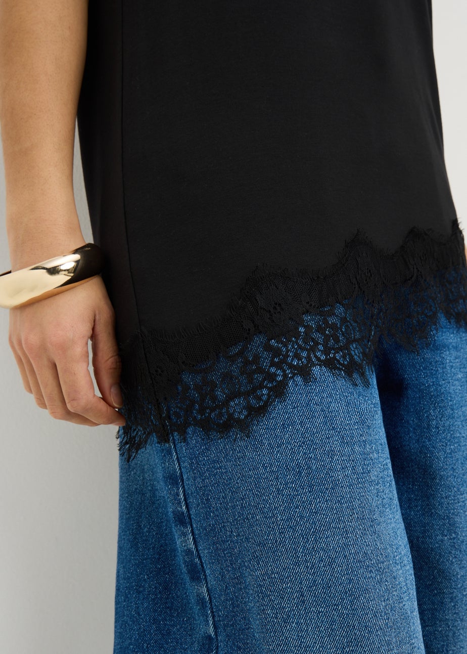 Black Asymmetric Lace Trim T-Shirt