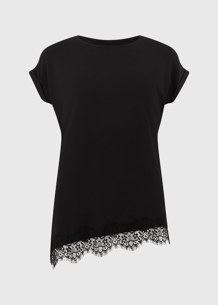 Black Asymmetric Lace Trim T-Shirt