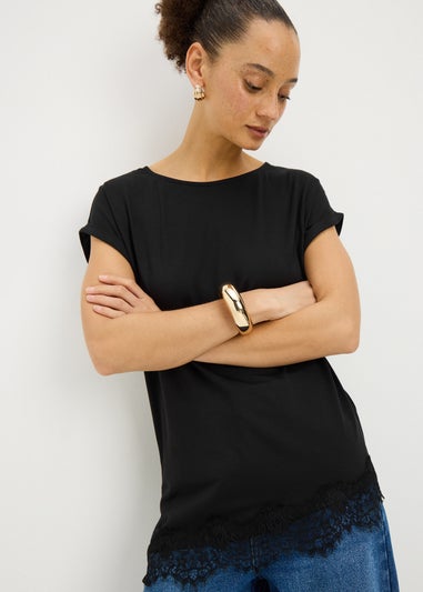 Black Asymmetric Lace Trim T-Shirt
