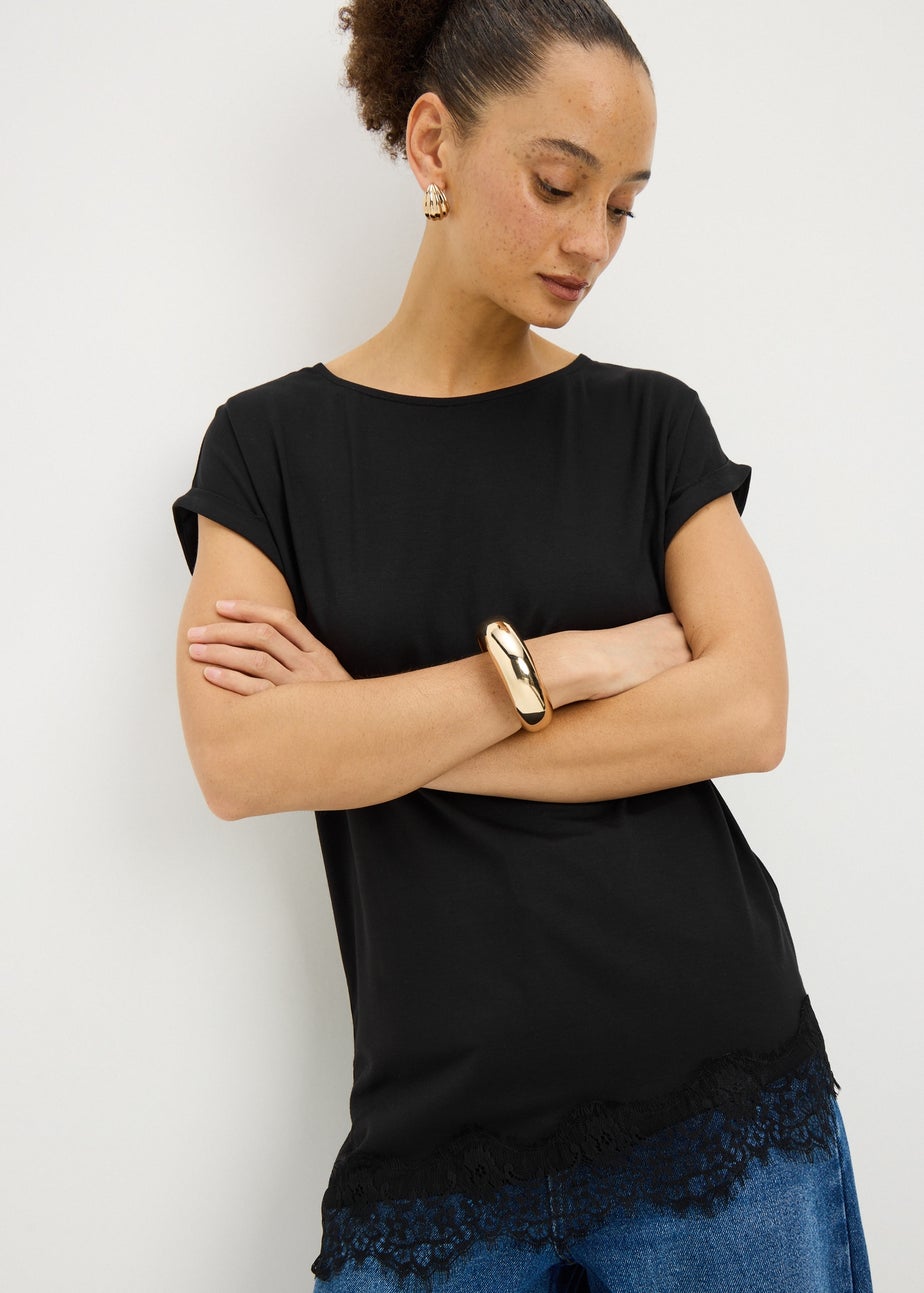 Black Asymmetric Lace Trim T-Shirt