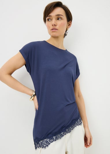 Navy Asymmetric Lace Trim Top