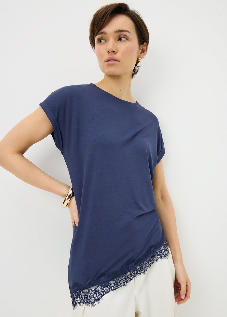 Navy Asymmetric Lace Trim Top