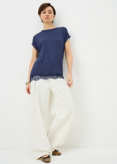 Navy Asymmetric Lace Trim Top