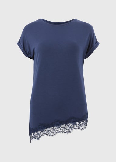 Navy Asymmetric Lace Trim Top