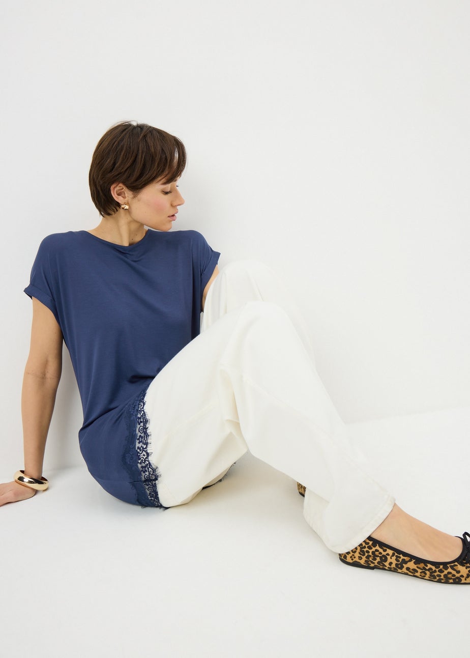 Navy Asymmetric Lace Trim Top