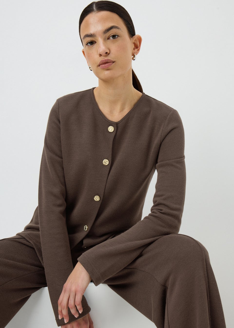 Chocolate Brown Button Front Co-Ord Cardigan