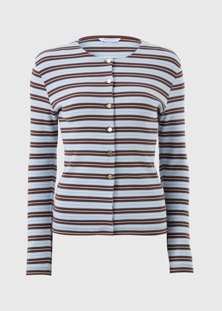 Blue Stripe Ribbed Jersey Cardigan Top