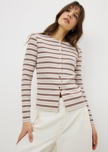 Oatmeal Stripe Ribbed Jersey Cardigan Top