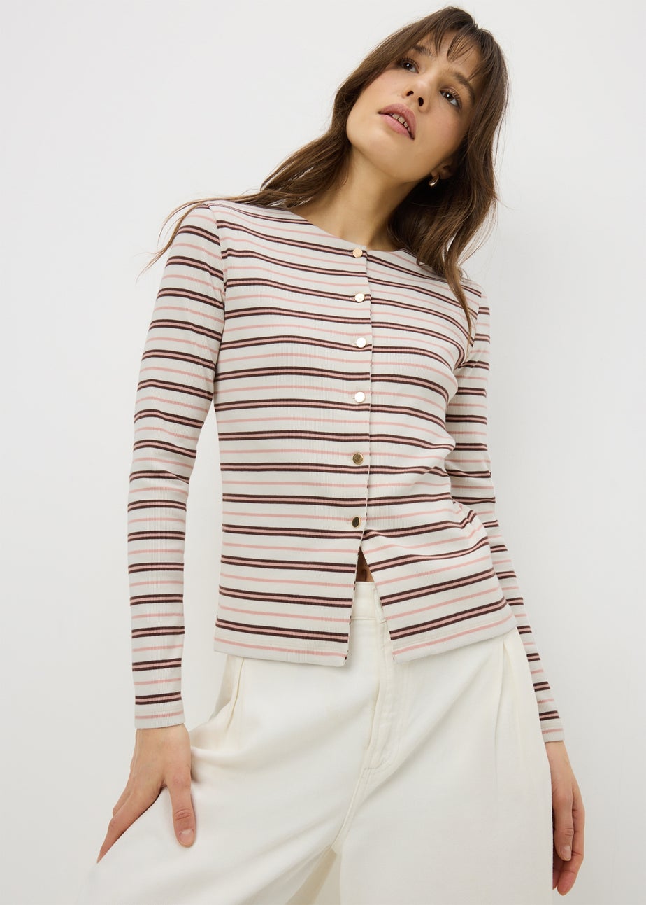 Oatmeal Stripe Ribbed Jersey Cardigan Top