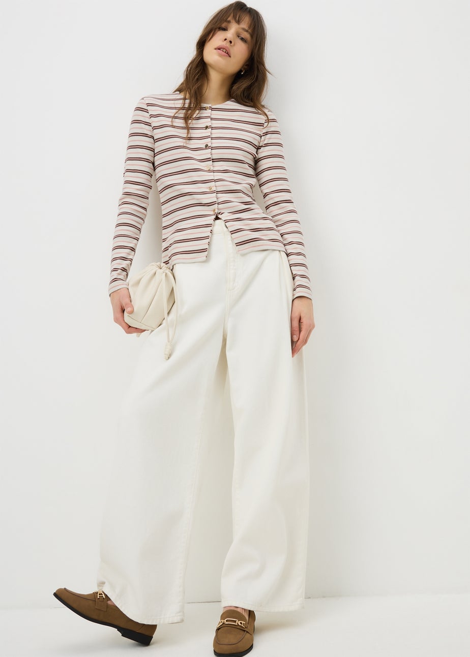 Oatmeal Stripe Ribbed Jersey Cardigan Top