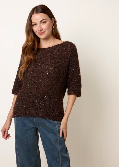 Blue Vanilla Brown Sequin Feather Jumper