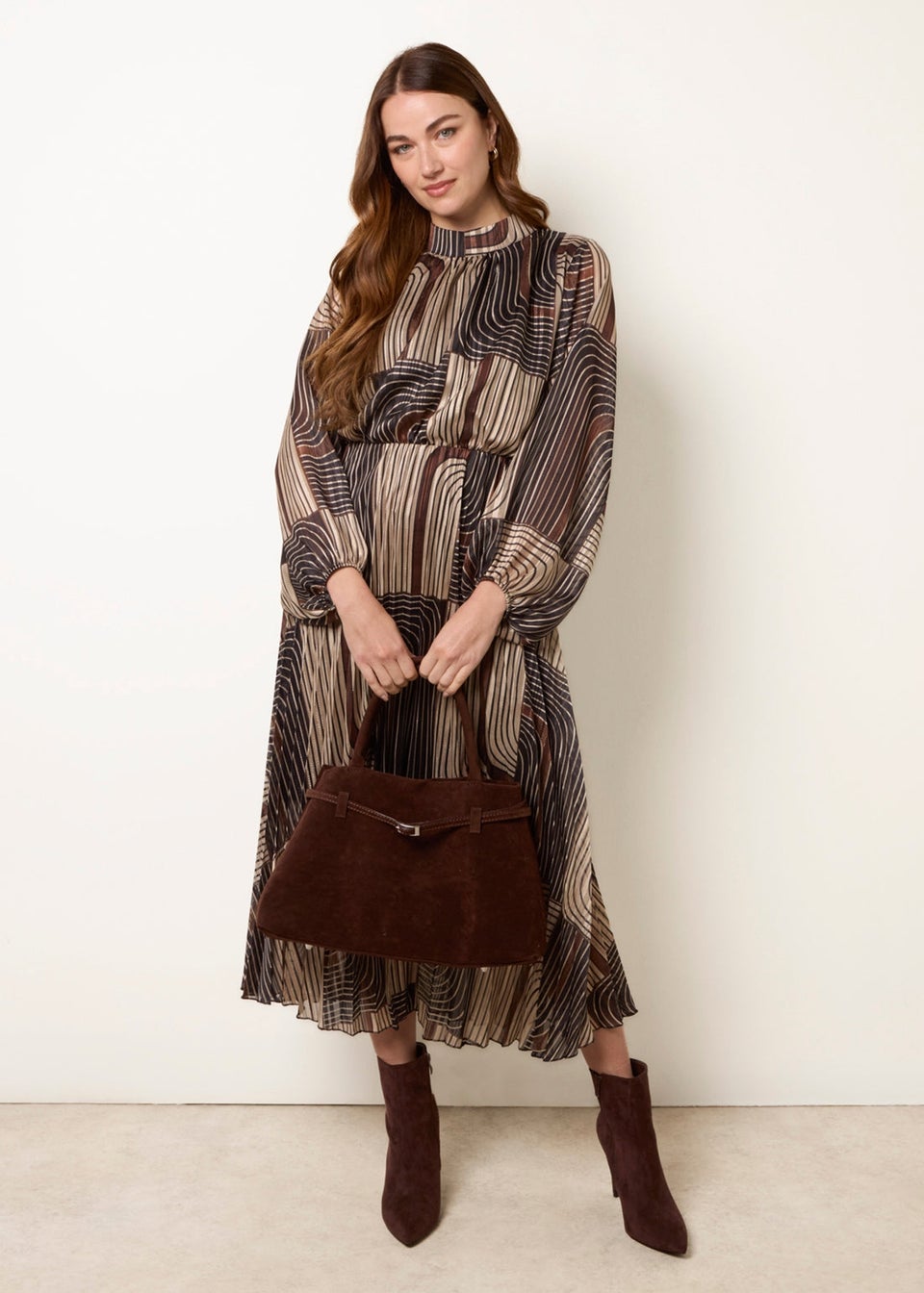 Blue Vanilla Black Geometric High Neck Pleated Dress