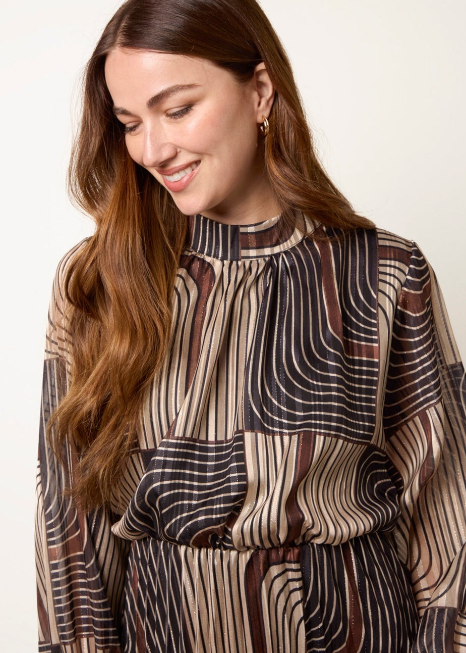 Blue Vanilla Black Geometric High Neck Pleated Dress