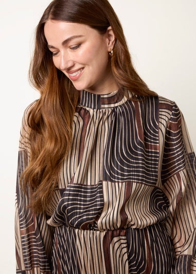 Blue Vanilla Black Geometric High Neck Pleated Dress