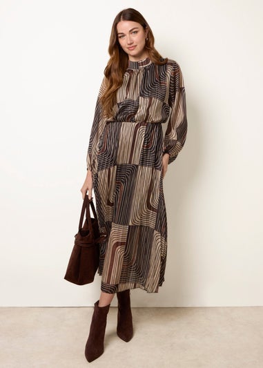 Blue Vanilla Black Geometric High Neck Pleated Dress