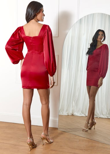 Chi Chi London Red Balloon Sleeve Plunge Bodycon Dress