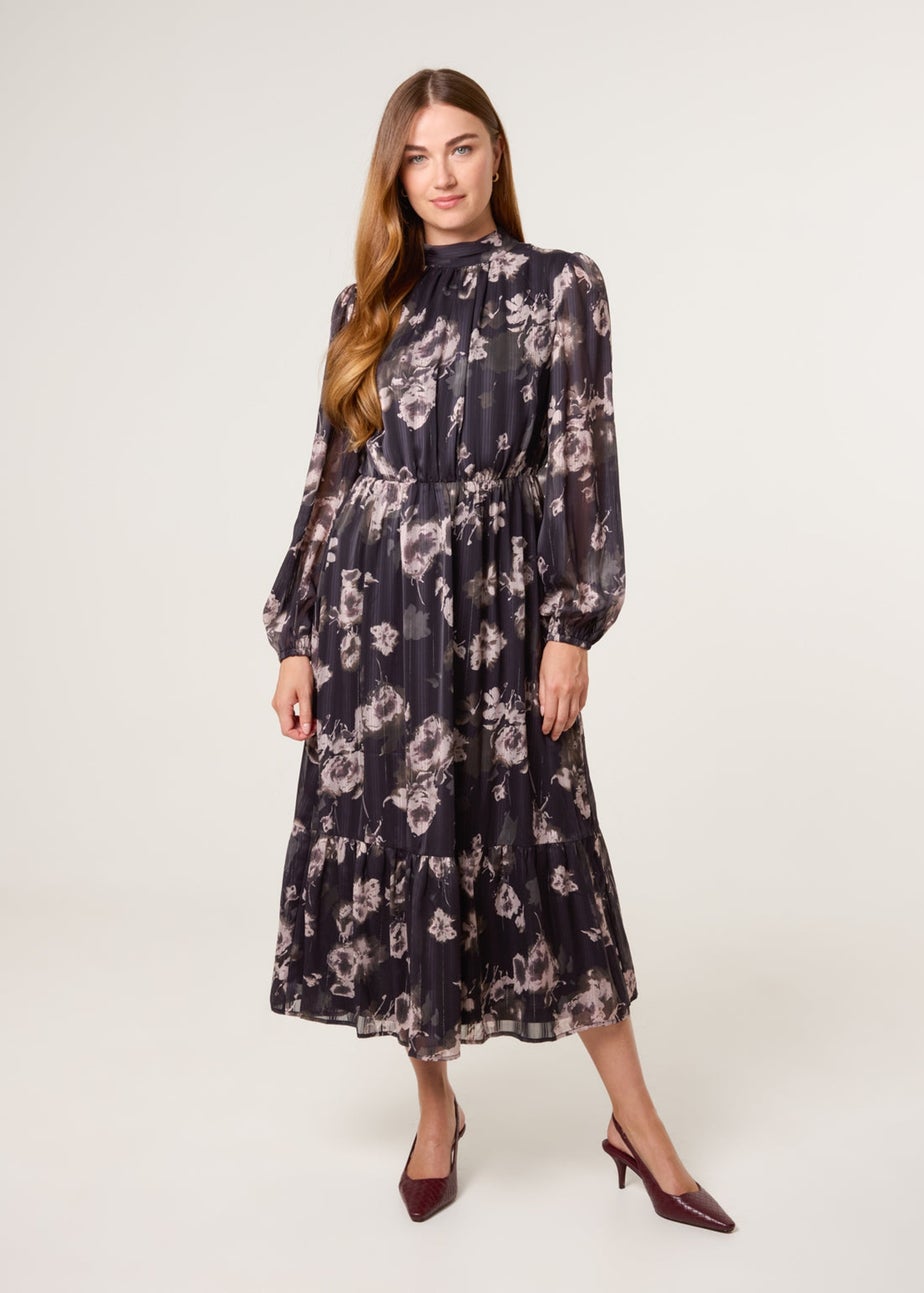 Blue Vanilla Black High Neck Floral Puffball Pleated Midi Dress
