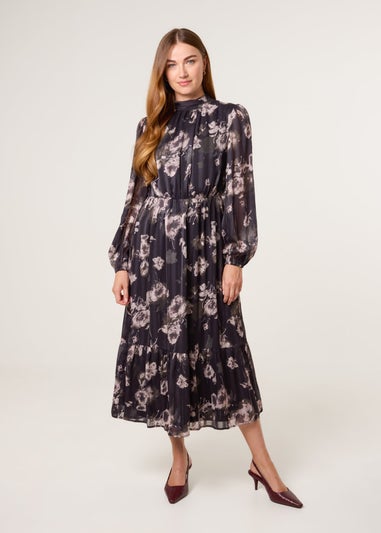 Blue Vanilla Black High Neck Floral Puffball Pleated Midi Dress
