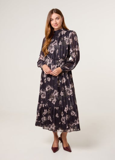 Blue Vanilla Black High Neck Floral Puffball Pleated Midi Dress