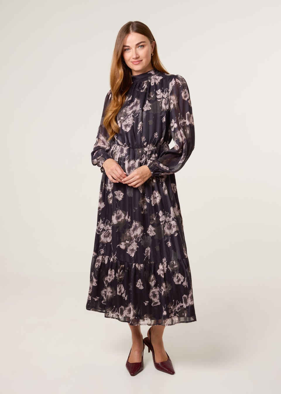 Blue Vanilla Black High Neck Floral Puffball Pleated Midi Dress