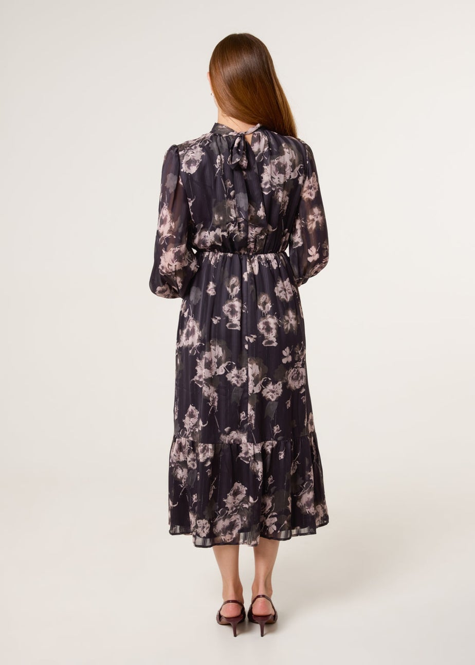 Blue Vanilla Black High Neck Floral Puffball Pleated Midi Dress