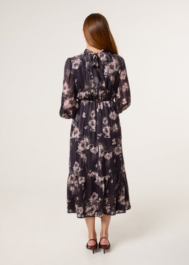 Blue Vanilla Black High Neck Floral Puffball Pleated Midi Dress