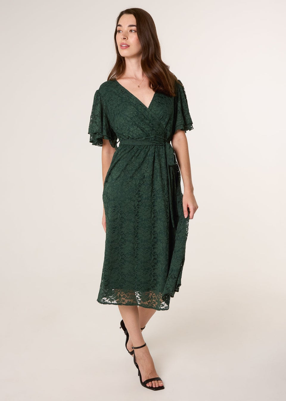 Blue Vanilla Green Double Angel Sleeve Lace Midi Dress