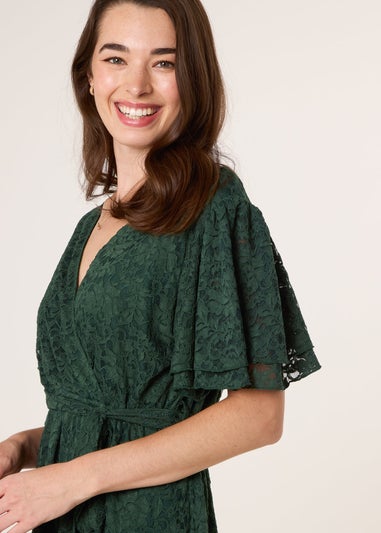 Blue Vanilla Green Double Angel Sleeve Lace Midi Dress