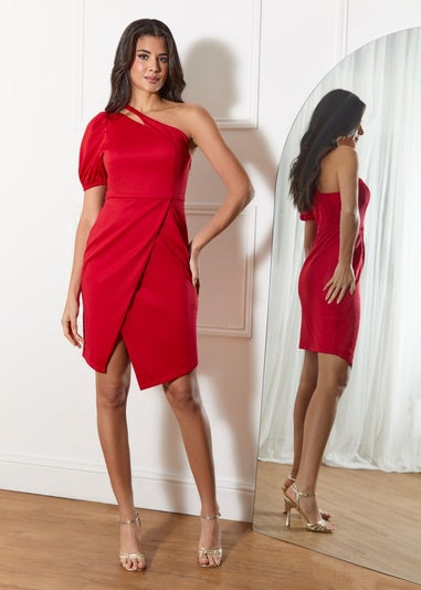 Chi Chi London Red One Shoulder Puff Sleeve Bodycon Mini Dress