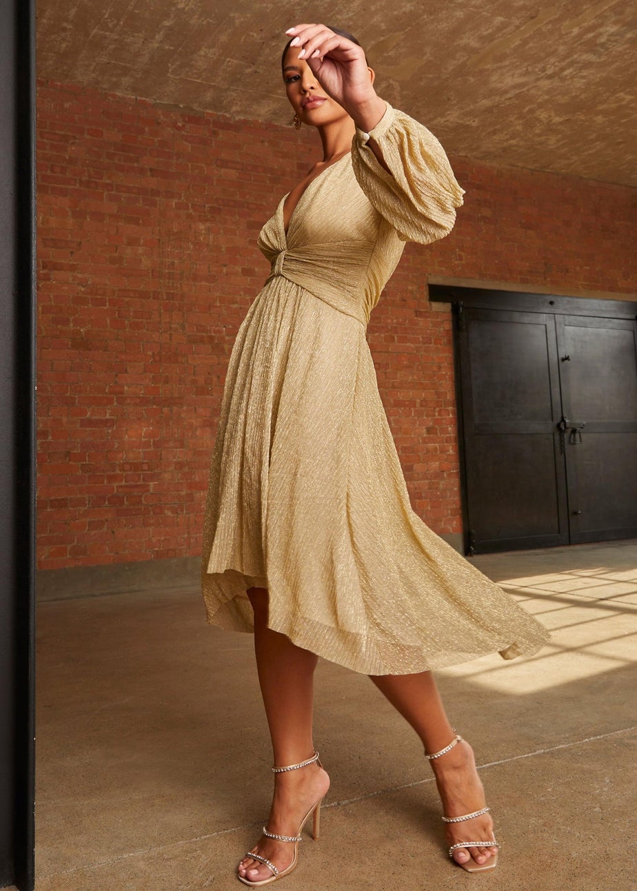 Chi Chi London Gold Long Sleeve Glitter Plisse Wrap Midi Dress