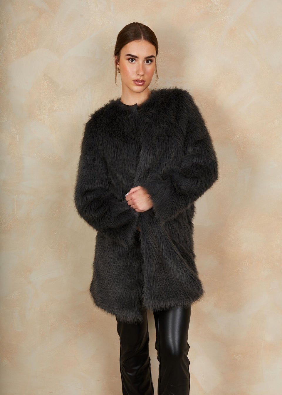Chi Chi London Grey Shaggy Faux Fur Coat