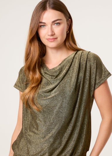 Blue Vanilla Tan Lurex Cowl Neck Draped Top