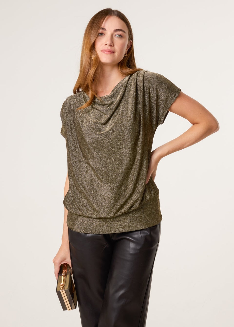 Blue Vanilla Tan Lurex Cowl Neck Draped Top