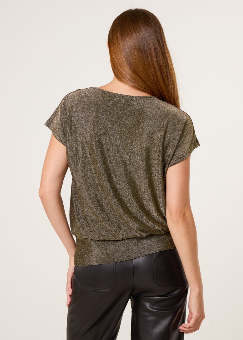 Blue Vanilla Tan Lurex Cowl Neck Draped Top