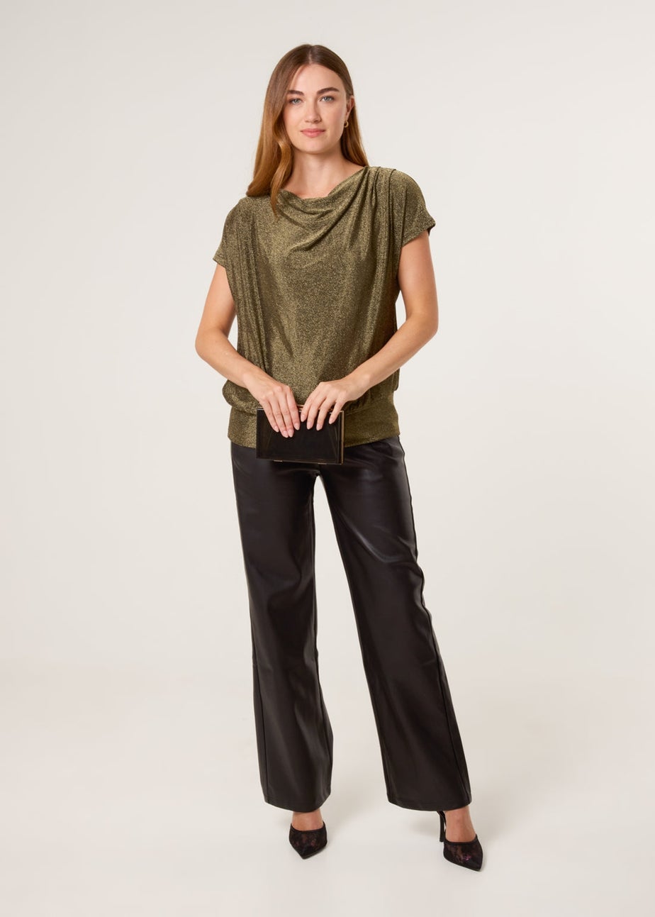 Blue Vanilla Tan Lurex Cowl Neck Draped Top