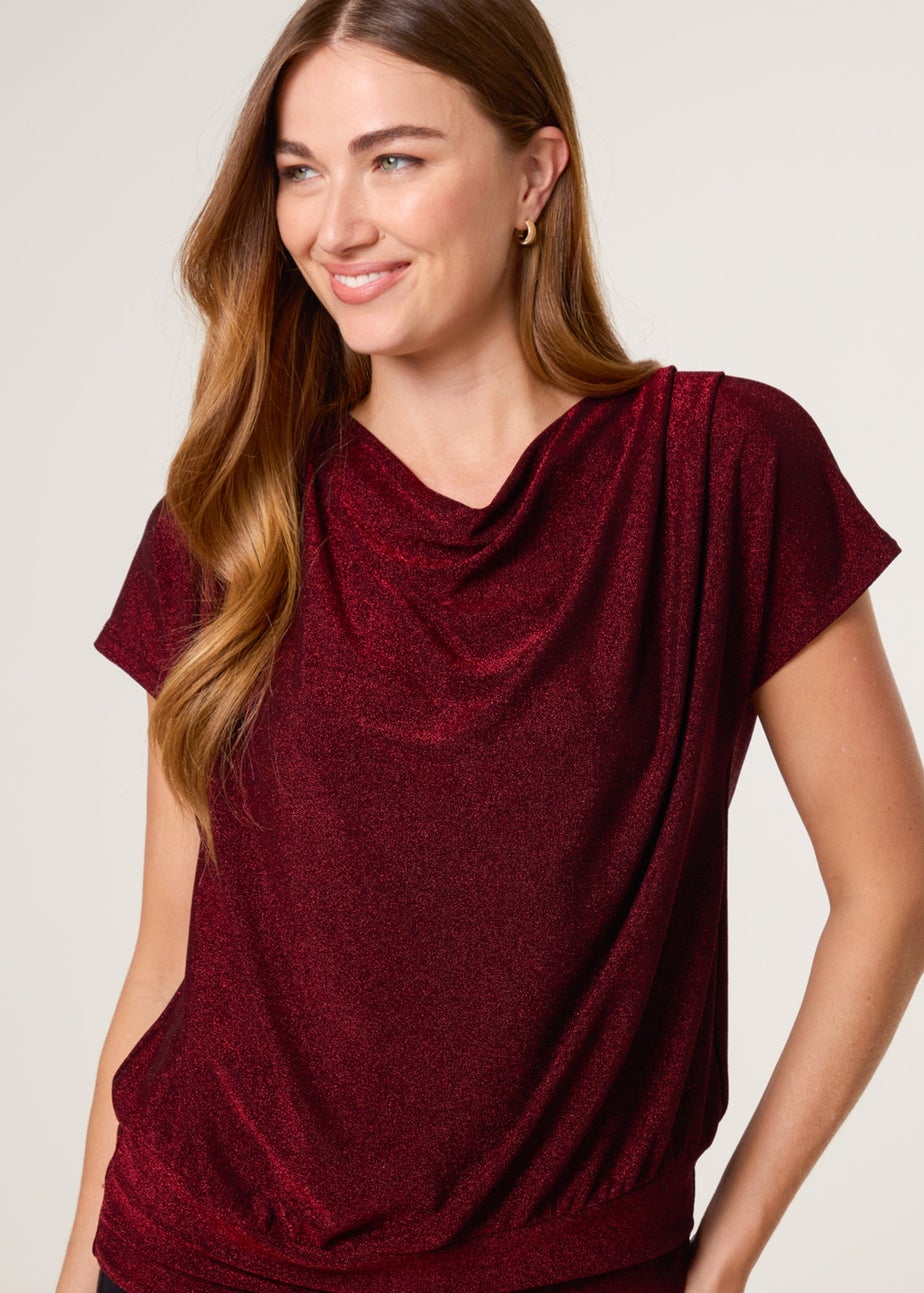 Blue Vanilla Burgundy Lurex Cowl Neck Draped Top