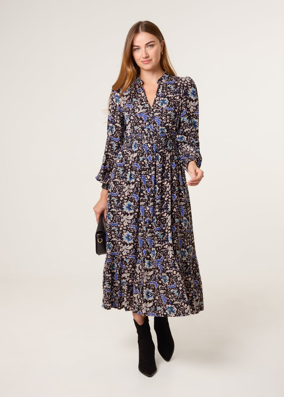Blue Vanilla Black Paisley Shirred Waist Shirt Dress