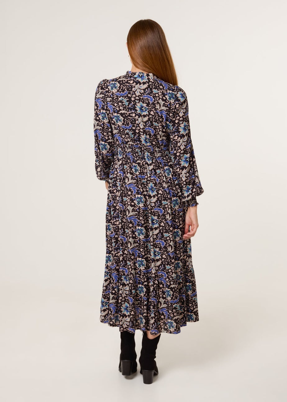 Blue Vanilla Black Paisley Shirred Waist Shirt Dress