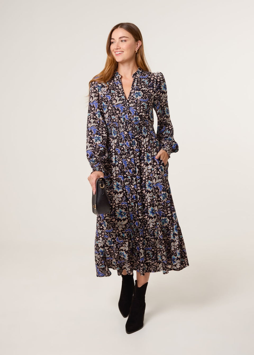 Blue Vanilla Black Paisley Shirred Waist Shirt Dress