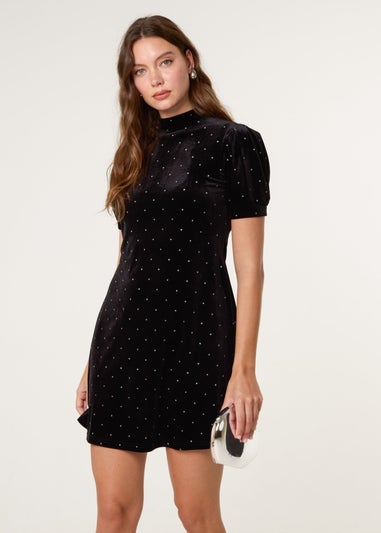 Blue Vanilla Black Polka Dot Puff Sleeve Dress