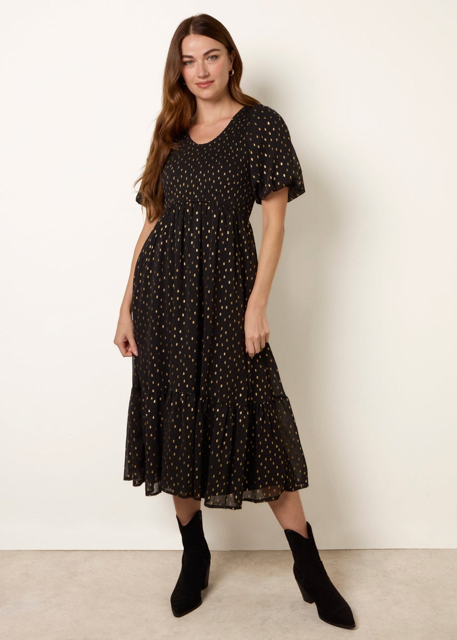 Blue Vanilla Black Gold Foil Midi Dress