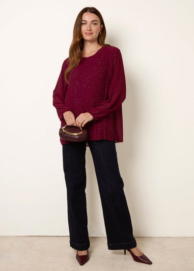 Blue Vanilla Burgundy Rhinestone Pleated Chiffon Top