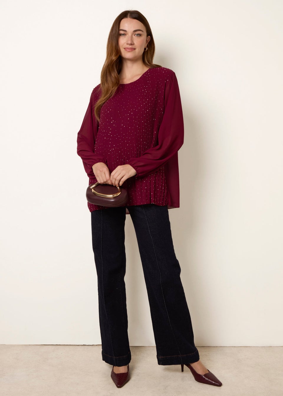 Blue Vanilla Burgundy Rhinestone Pleated Chiffon Top