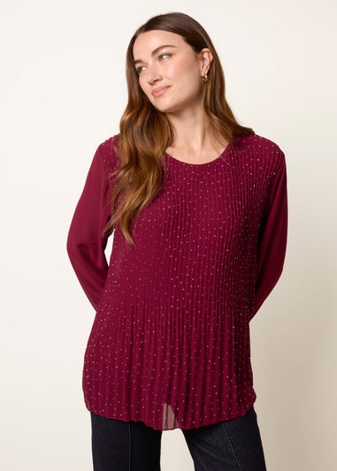 Blue Vanilla Burgundy Rhinestone Pleated Chiffon Top