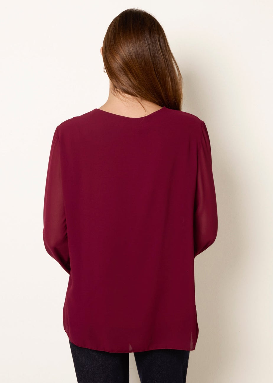 Blue Vanilla Burgundy Rhinestone Pleated Chiffon Top