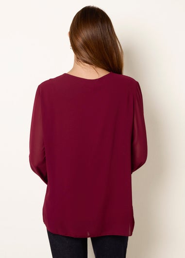 Blue Vanilla Burgundy Rhinestone Pleated Chiffon Top
