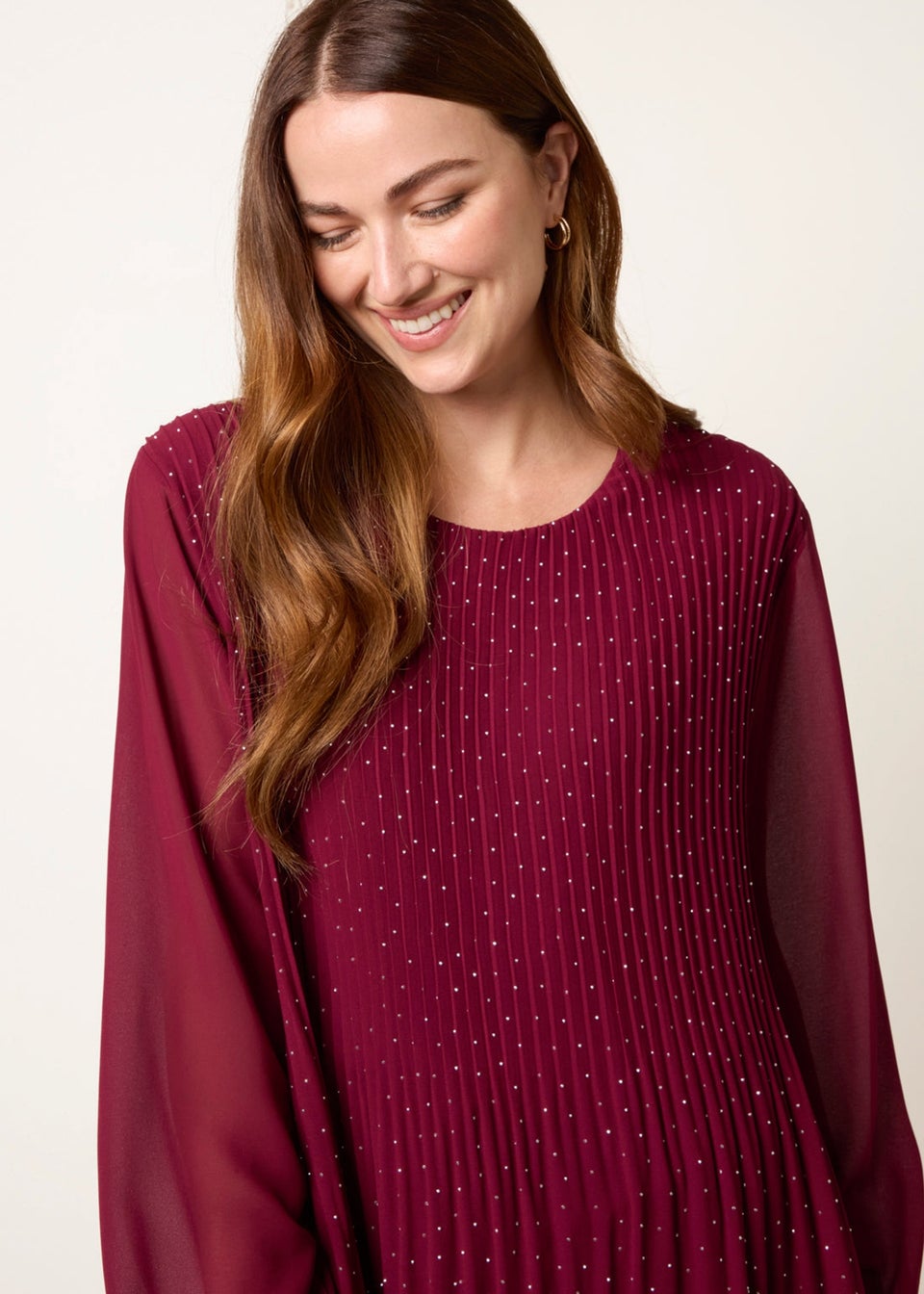 Blue Vanilla Burgundy Rhinestone Pleated Chiffon Top